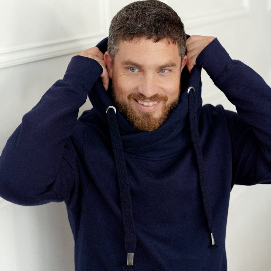 Cowl Neck Hoodie For Men Sweatshirt in Navy Betty Bramble